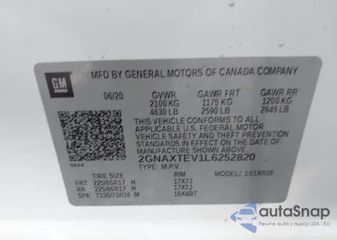 2020 Chevrolet Equinox Awd 2Fl z USA, uszkodzony, nr VIN 2GNAXTEV1L6252820